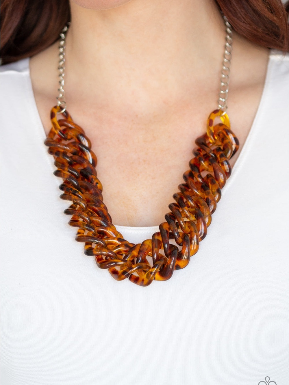 Paparazzi Comin’ in Haute Tortoiseshell Link Necklace with Matching Hoops - Picture 2 of 3